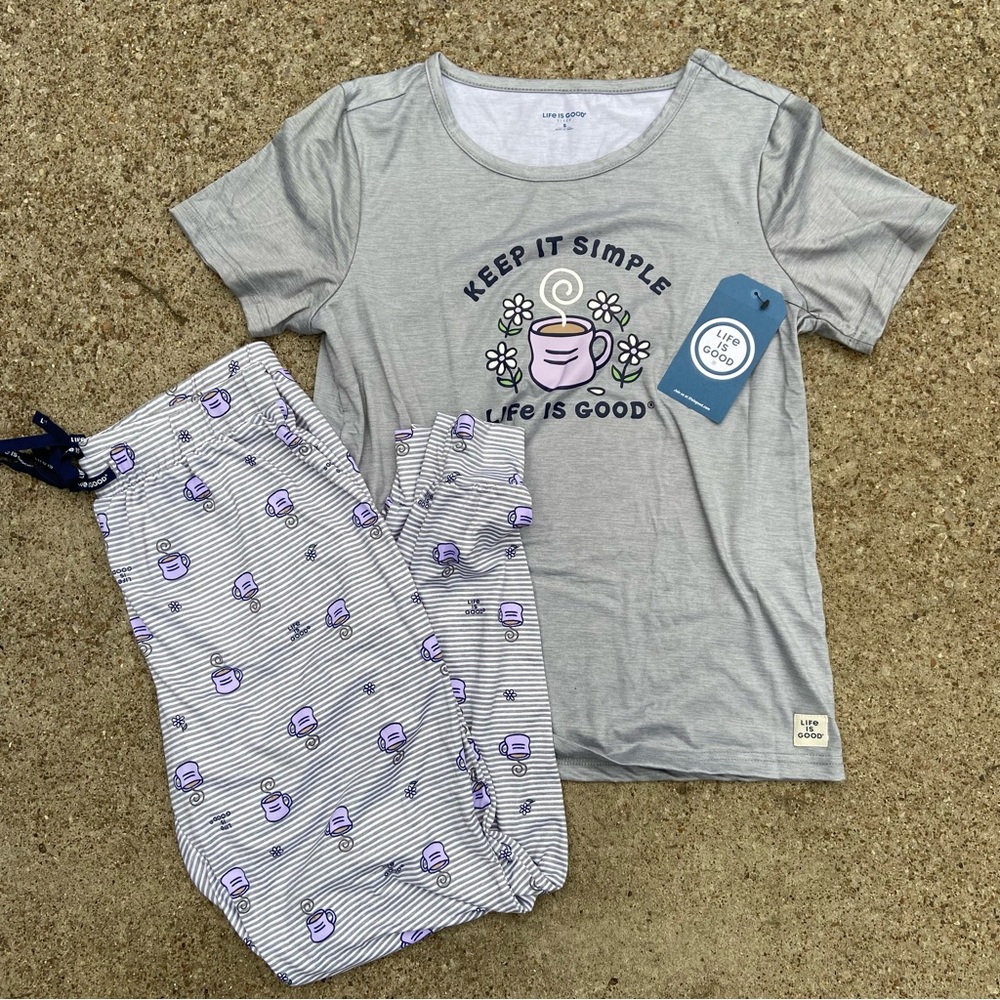Life Is Good 2 Piece Pajama Sleep Set Womens Small Keep It Simple Coffee Mug NWT